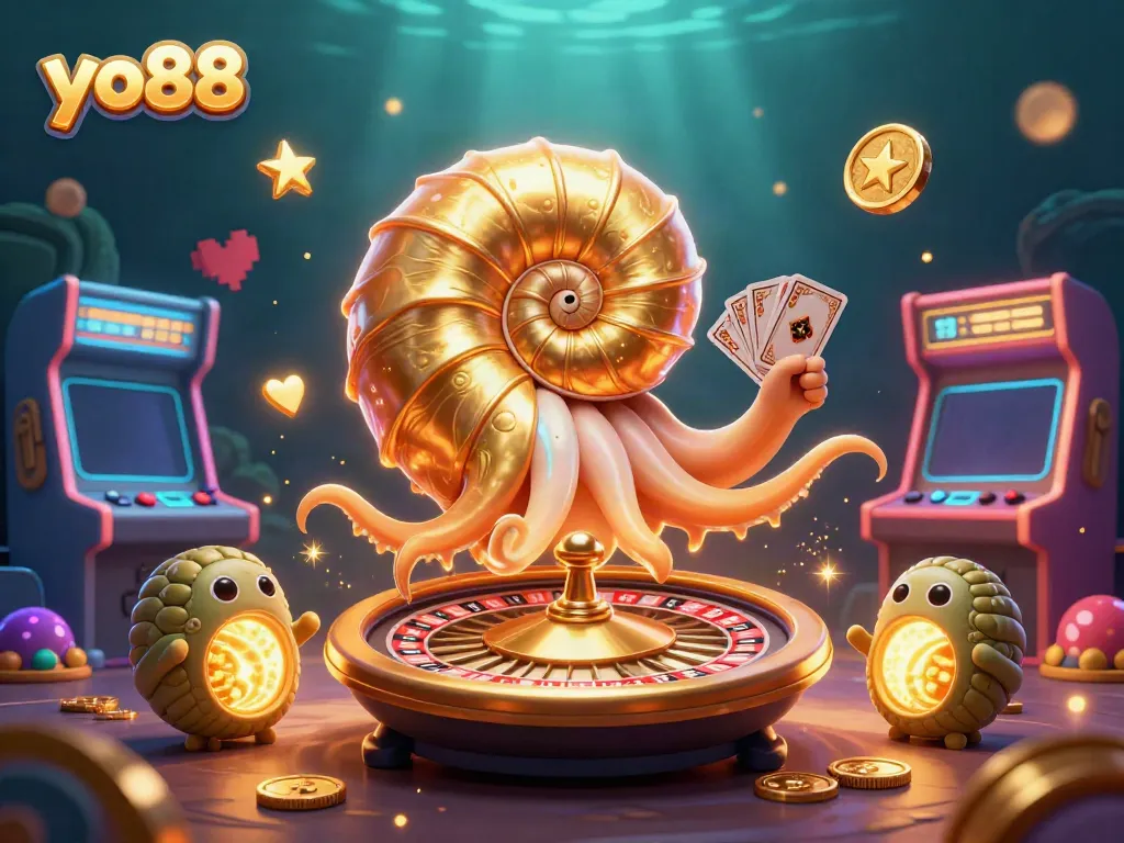 Experience the action at yo88 with a dazzling 3D nautilus roulette wheel surrounded by vibrant gaming elements.