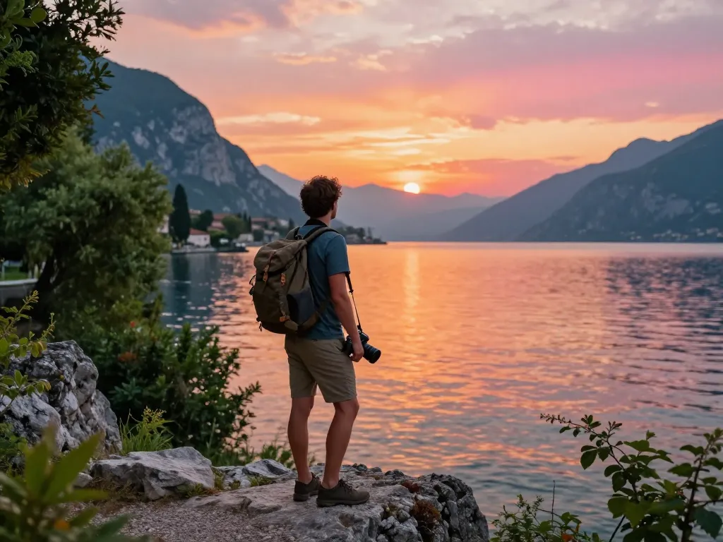 Reisetipps Gardasee: Reisender am malerischen Aussichtspunkt über den Gardasee während des Sonnenuntergangs.