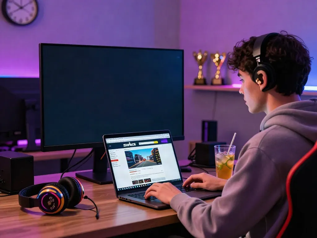 Player engaging with nhà cái sv88 on laptop with vibrant gaming atmosphere