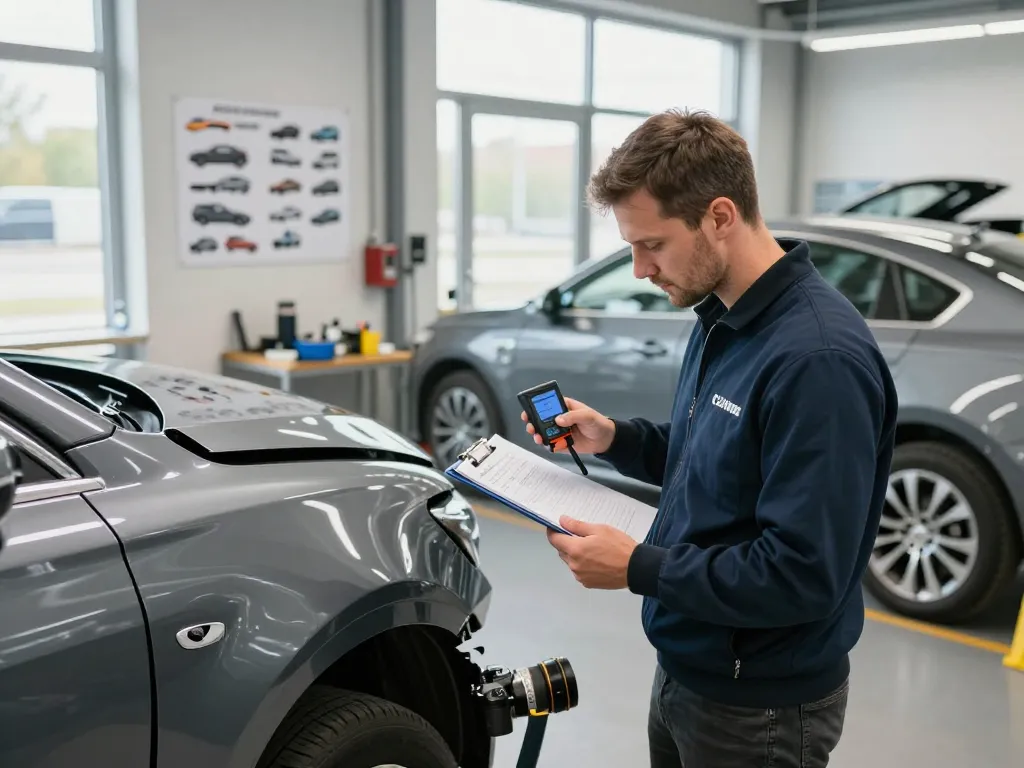 Kfz Gutachter Bonn inspiziert Fahrzeugschäden mit professionellen Werkzeugen in einer Kfz-Werkstatt.