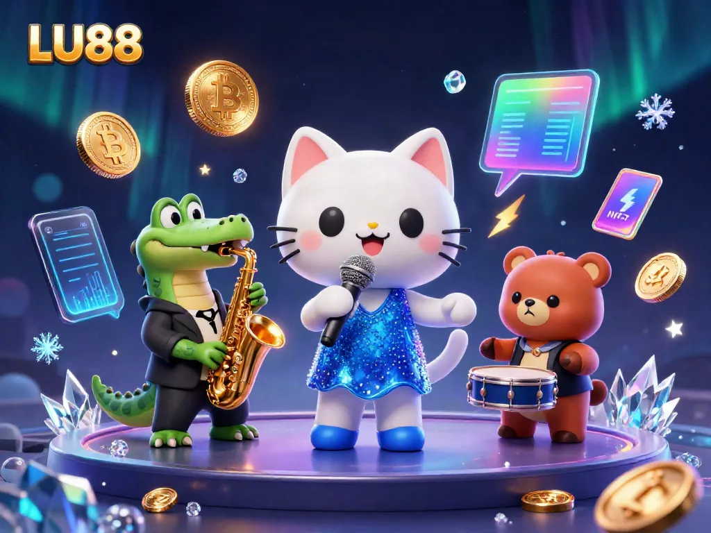 LU88 showcases a vibrant casino scene with musical characters surrounded by cryptocurrency elements for thrilling gaming.