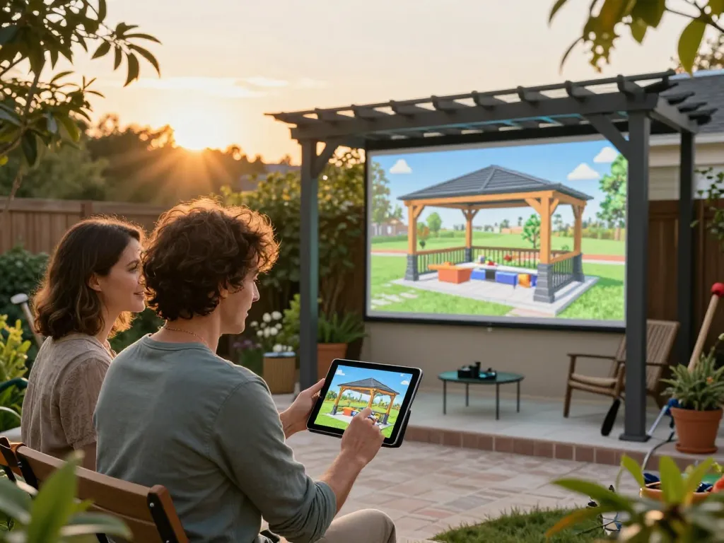 Paar visualisiert das 3D-Modell einer Pergola in ihrem Garten und zeigt die Design-Zusammenarbeit.