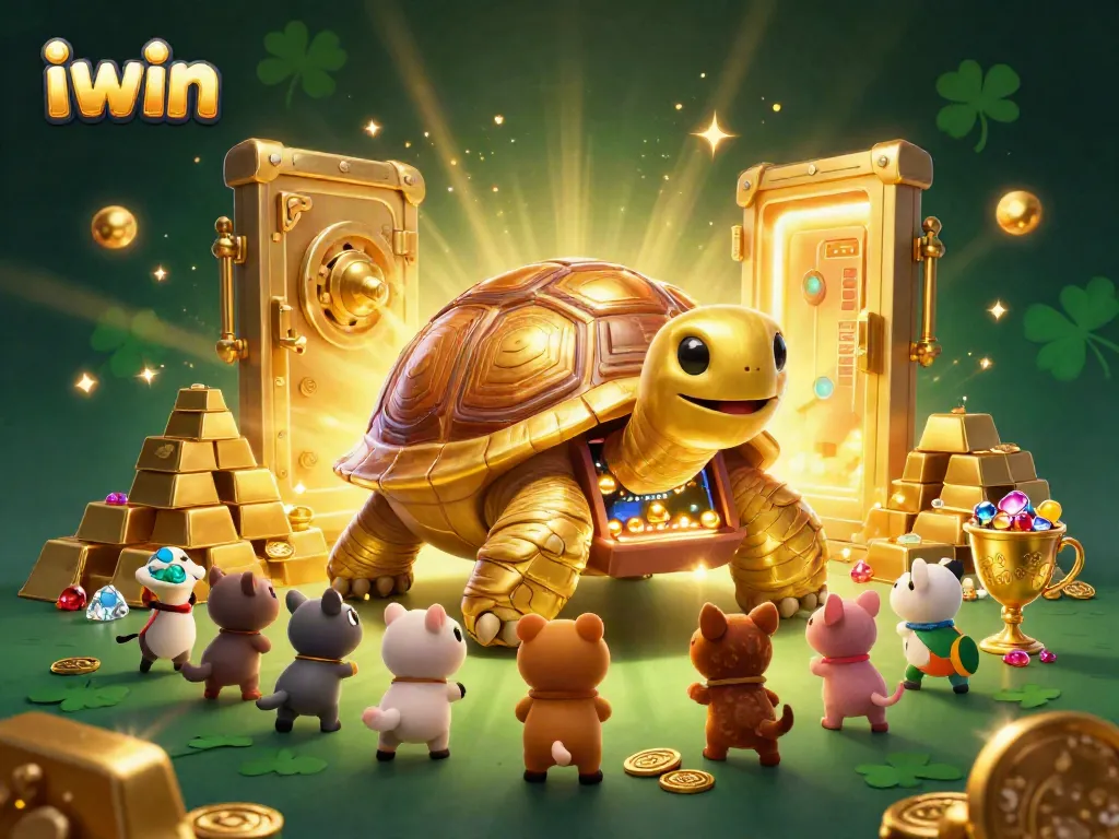 Engage with iwin's exciting casino atmosphere, featuring a golden tortoise pinball machine and treasure elements.