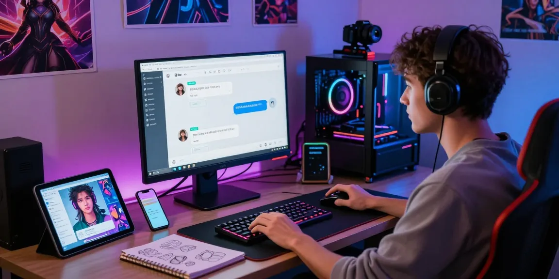 Engaging with an NSFW AI chatbot on a sleek workspace setup, reflecting modern digital interaction.