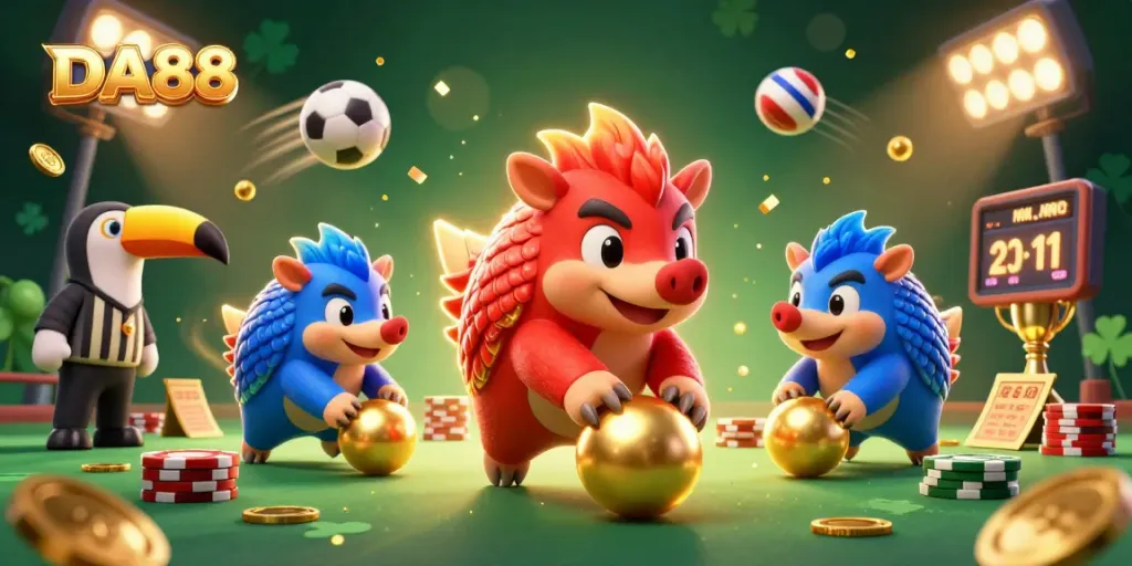 Engage with DA88’s thrilling gaming scene where rival pangolins compete amidst golden trophies and exciting betting elements.