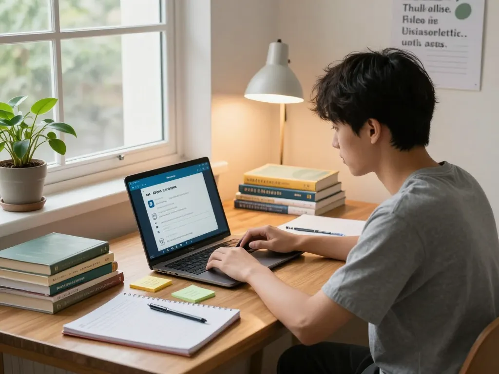 Student nutzt ein Hausaufgaben KI kostenlos Tool auf einem Laptop in einem gemütlichen Arbeitszimmer mit Lehrmaterialien.