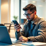 Tech enthusiast exploring features of the S8 in a modern office.