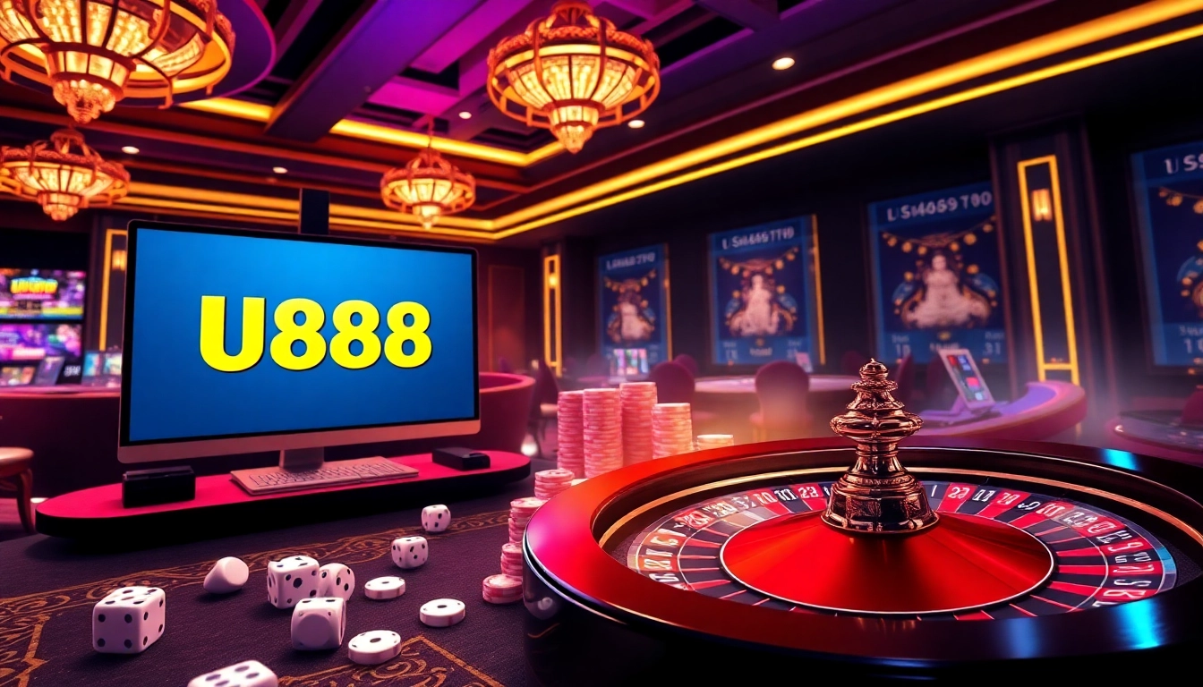 Exciting gambling scene showcasing U888 online gaming with casino tables and vibrant colors.