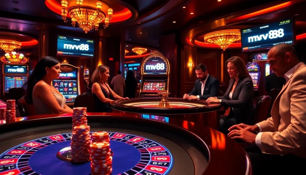 Experience thrilling gameplay at mv88's casino tables with vibrant poker chips and roulette action.
