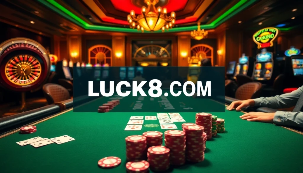 Engage in the thrill of high-stakes poker at LUCK8.COM, surrounded by vibrant casino elements.