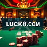 Engage in the thrill of high-stakes poker at LUCK8.COM, surrounded by vibrant casino elements.