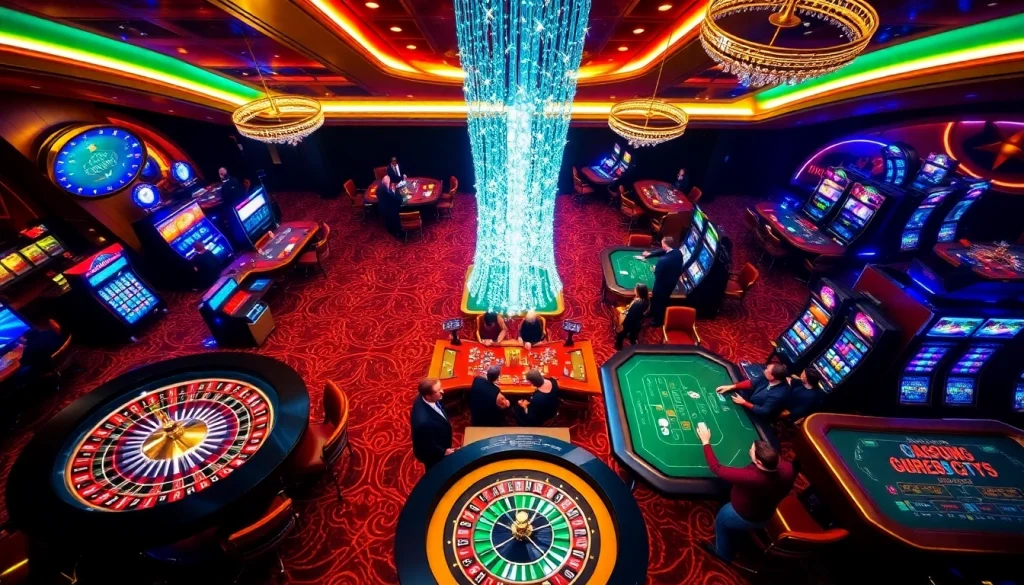 Engaged players enjoying casino games at https://gk88.city/ with vibrant atmosphere and festive decorations.
