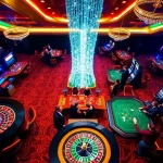 Engaged players enjoying casino games at https://gk88.city/ with vibrant atmosphere and festive decorations.