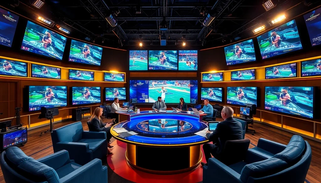 Dynamic studio scene showcasing sports broadcasting with enthusiastic hosts and engaging visuals.