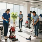 Effiziente Gebäudereinigung in Rheine mit einem professionellen Reinigungsteam, das eine moderne Büroumgebung pflegt.