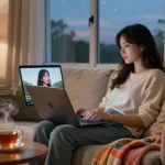 Engaging with a girlfriend AI on a laptop in a cozy living room atmosphere.