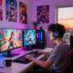 Gamer fully engaged in a hentai game with vibrant RGB lighting and anime decor.
