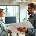 Headhunter Ingenieure im Gespräch mit einem Ingenieur, der technische Pläne präsentiert.