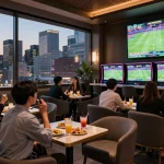 Experience thrilling sports betting at CM88’s upscale lounge with dynamic screens and excited bettors.