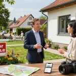 Immobilienmakler Frankfurt Preungesheim zeigt einem Kunden eine Immobilie in einem charmanten Viertel mit moderner Architektur und einem geräumigen Garten.