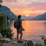 Reisetipps Gardasee: Reisender am malerischen Aussichtspunkt über den Gardasee während des Sonnenuntergangs.