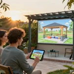 Paar visualisiert das 3D-Modell einer Pergola in ihrem Garten und zeigt die Design-Zusammenarbeit.