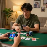 A player enjoying live dealer blackjack on their smartphone at home, experiencing the thrill of 23Win.