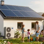 Szene mit Photovoltaik Bayern, Solarpanelen und Wärmepumpe in einem bayerischen Zuhause, das nachhaltiges Familienleben zeigt.