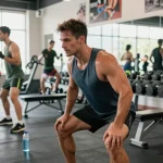 Fokussierter Sportler hebt Gewichte in einem dynamischen städtischen Fitnessstudio, das die Fitness-Ethik von Anabolika Shop repräsentiert.