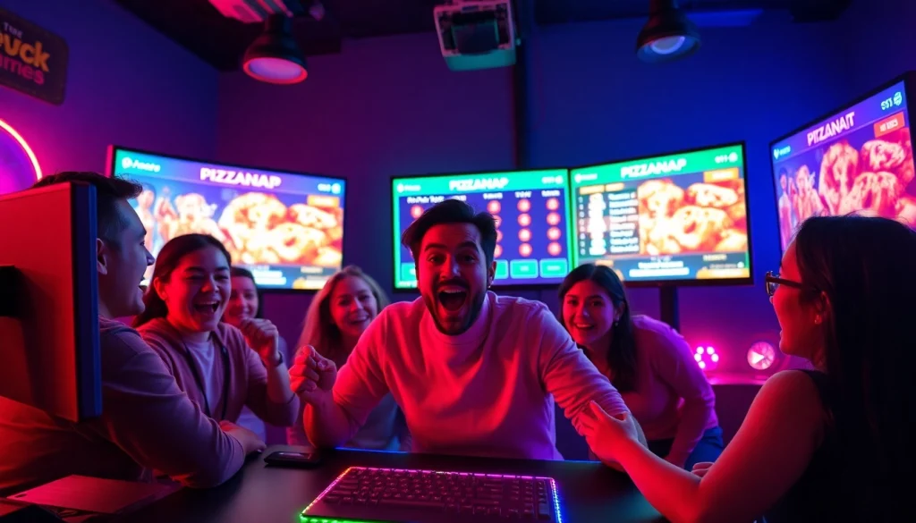 Pizzanap players enjoying a thrilling game experience surrounded by vibrant screens displaying live results.