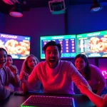 Pizzanap players enjoying a thrilling game experience surrounded by vibrant screens displaying live results.