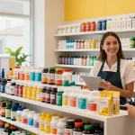 Medi Pharma Shop, der vor Aktivität pulsiert, mit Gesundheits- und Wellnessprodukten und Mitarbeitern, die Kunden in einer lebhaften Einzelhandelsumgebung unterstützen.
