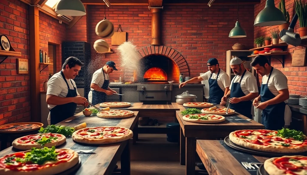 Pizzanap chefs skillfully making pizzas with fresh ingredients in a lively kitchen.