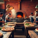 Pizzanap chefs skillfully making pizzas with fresh ingredients in a lively kitchen.