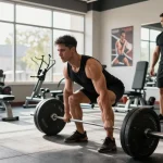 Bodybuilder im Anabolika Shop Deutschland, der Kreuzheben in einer lebendigen Fitnessumgebung ausführt.