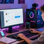 Engaging with an NSFW AI chatbot on a sleek workspace setup, reflecting modern digital interaction.