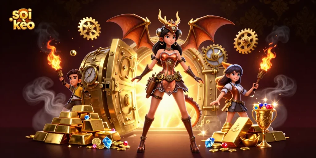 Soi kèo sports betting scene with a stunning woman and a clockwork dragon amidst treasures.