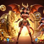 Soi kèo sports betting scene with a stunning woman and a clockwork dragon amidst treasures.