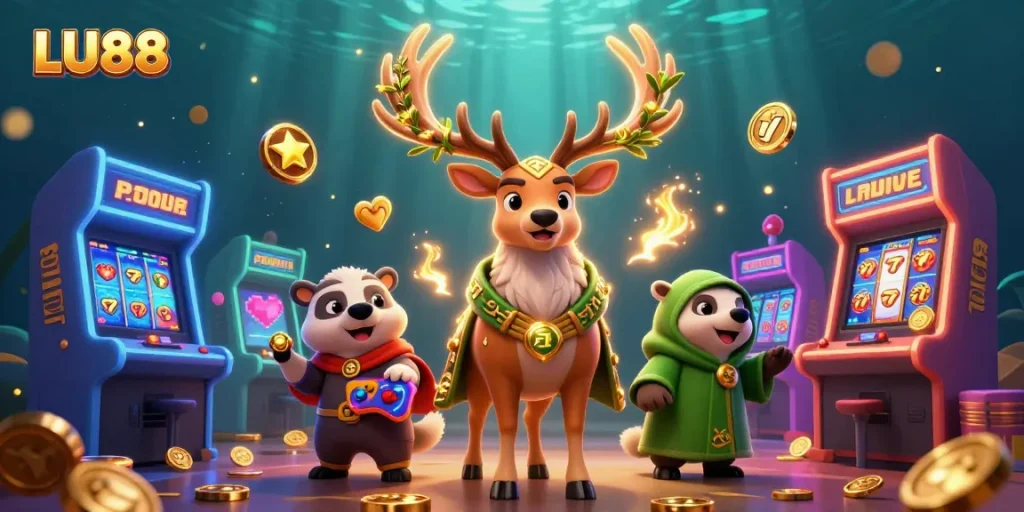 Experience the thrill of LU88 with a richly detailed 3D casino scene featuring vibrant slot reels and enchanting characters.