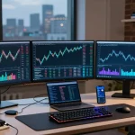 Edimakor Video Editor in moderner Krypto-Handelsumgebung mit Blockchain-Diagrammen und digitalen Wallets