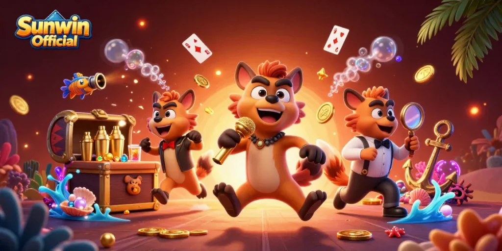 Engage with Sunwin Official at a lively comedy casino club with hyena characters.