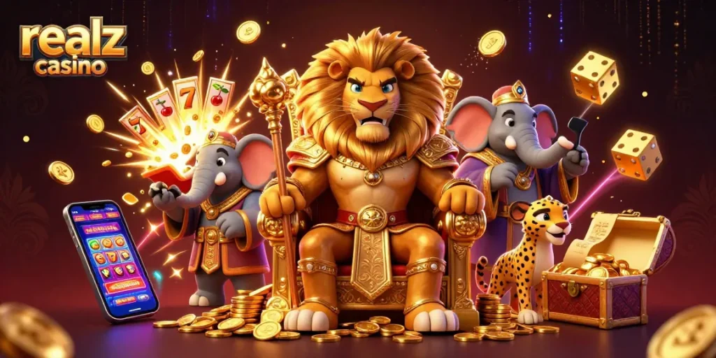 Engage with realz casino via a vibrant 3D illustration of a lion king on a throne raining coins and winning action.