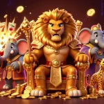Engage with realz casino via a vibrant 3D illustration of a lion king on a throne raining coins and winning action.