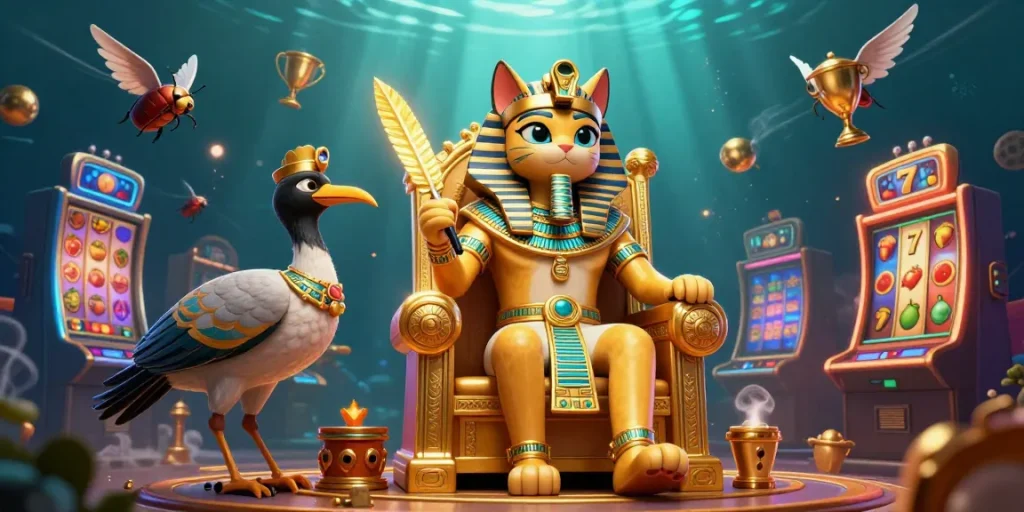 Experience an enchanting online casino scene with a pharaoh cat and stunning slot symbols.