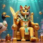Experience an enchanting online casino scene with a pharaoh cat and stunning slot symbols.