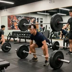 Medi Pharma Steroid Shop: Sportler trainiert im Fitnessstudio mit Gewichten und motivierenden Hintergrundelementen.