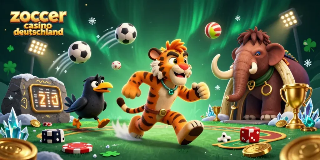 Zoccer Casino Deutschland: Erleben Sie aufregende Casino-Action mit Sport- und Spielelementen in einer dynamischen 3D-Illustration.