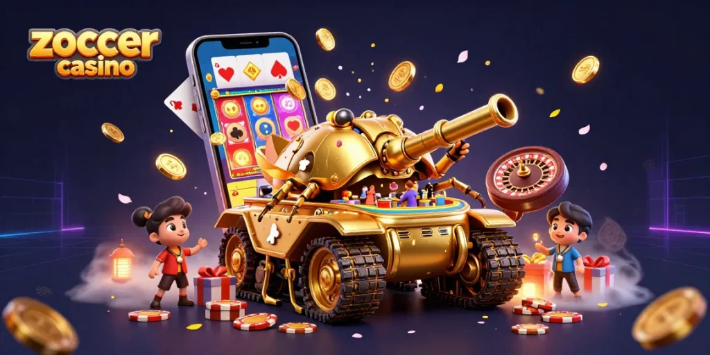 Zoccer casino offers a vibrant scene with a golden beetle tank revealing a miniature casino and rich gaming elements.