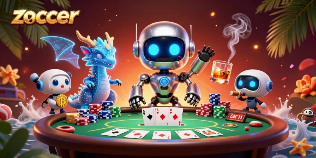 Zoccer offers thrilling card games with a futuristic twist, featuring a cyberpunk robot, holographic dragon, and rich casino atmosphere.