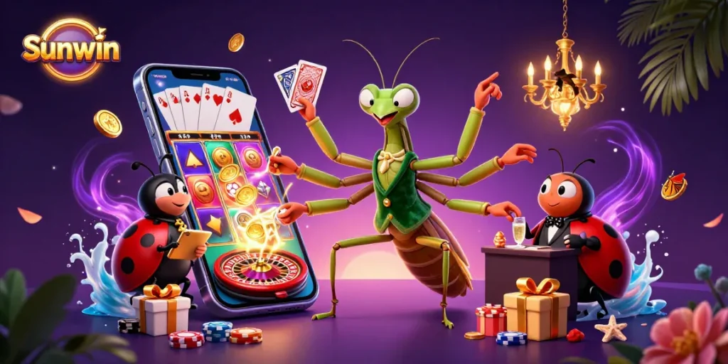 Experience Sunwin's vibrant online casino scene with a giant praying mantis and ladybug pit boss overflowing with games and excitement.